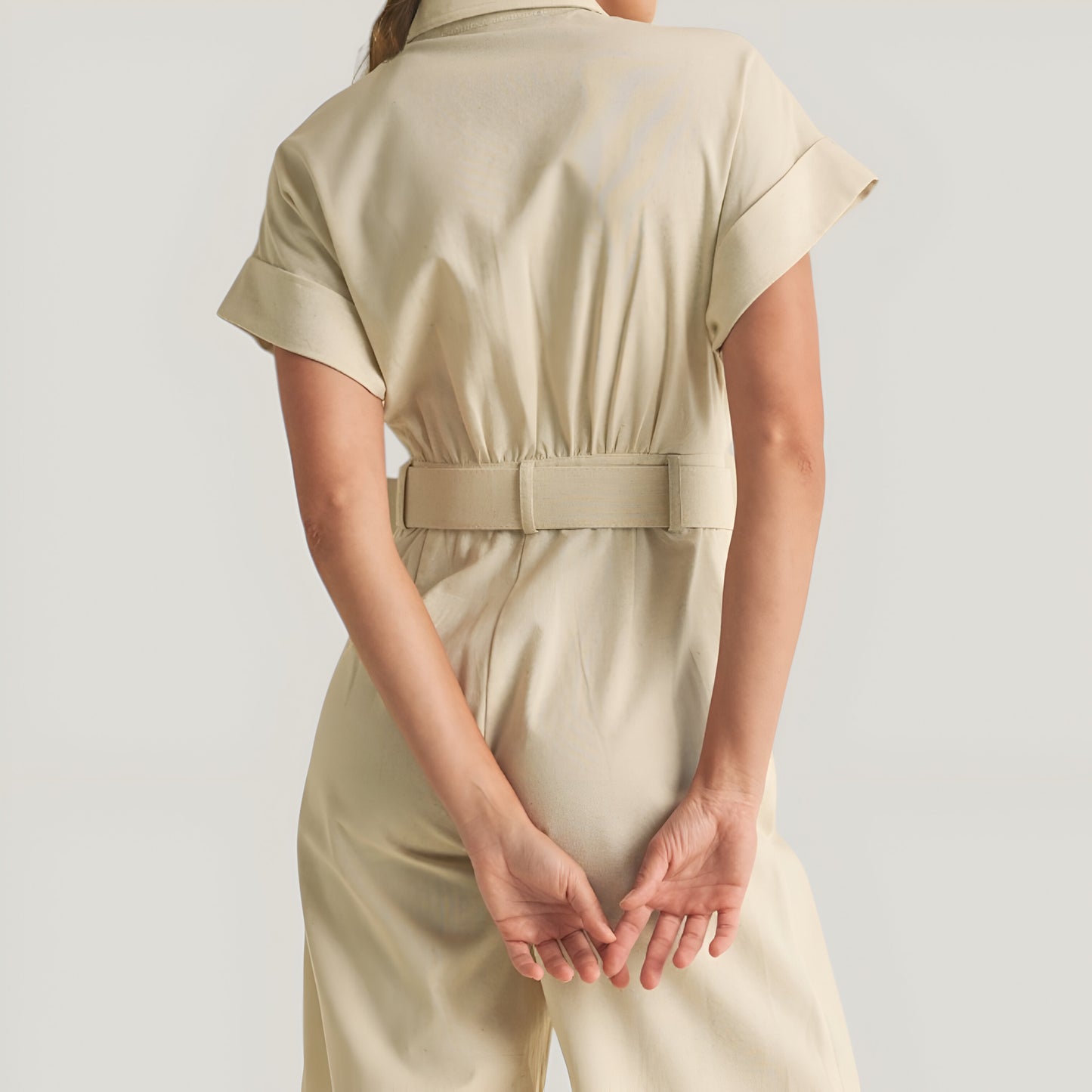 Cotton Blend Collared Jumpsuit with Side Patch Pockets and Removable Belt