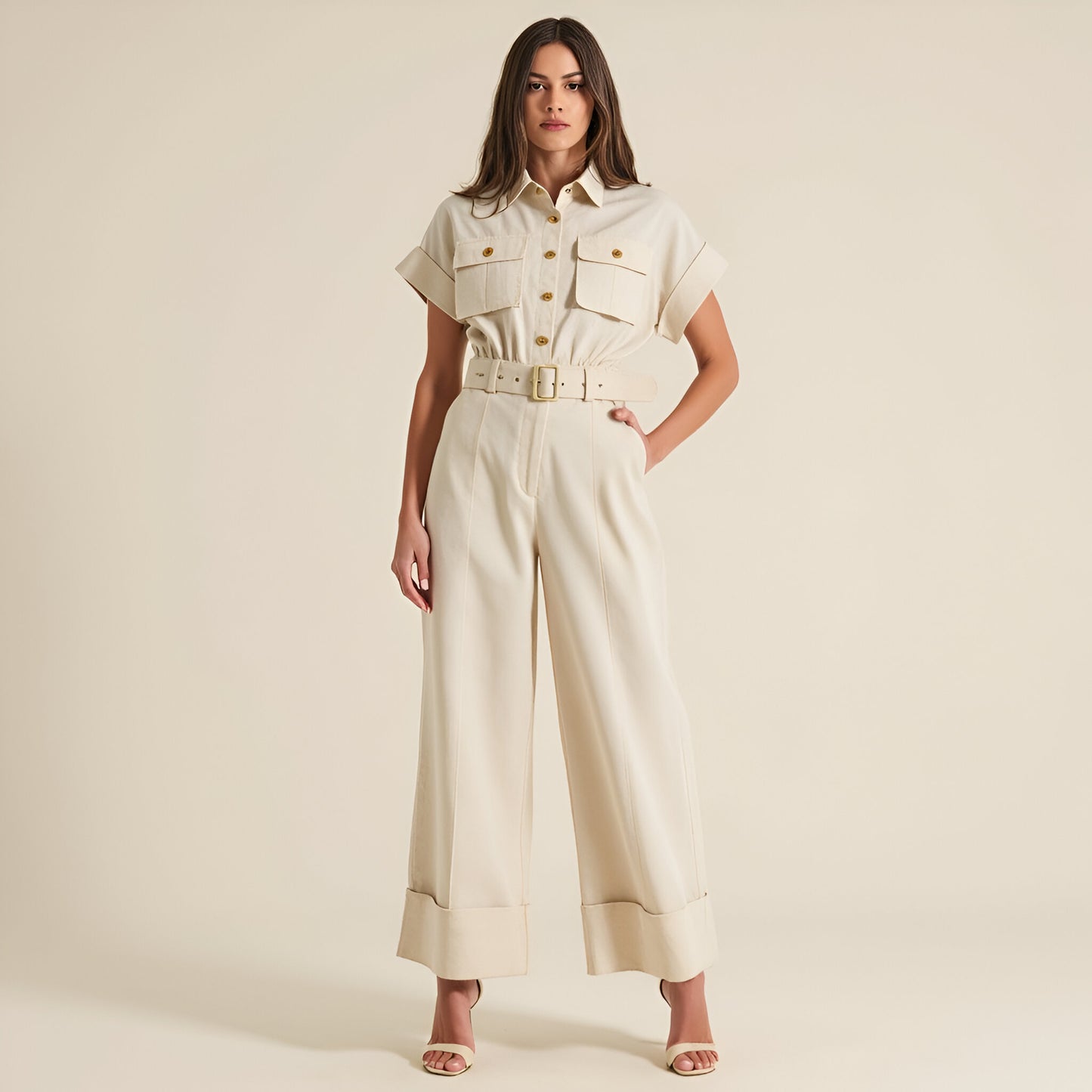 Cotton Blend Collared Jumpsuit with Side Patch Pockets and Removable Belt