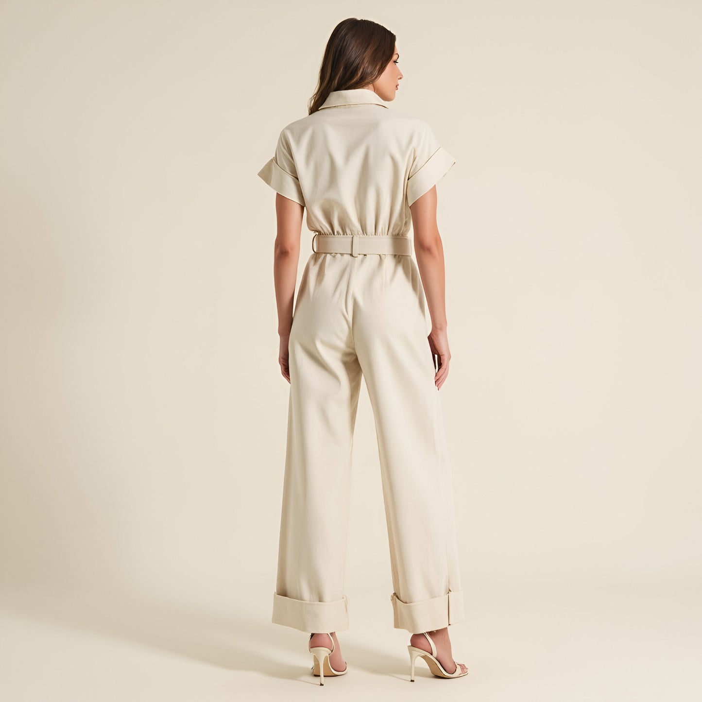 Cotton Blend Collared Jumpsuit with Side Patch Pockets and Removable Belt