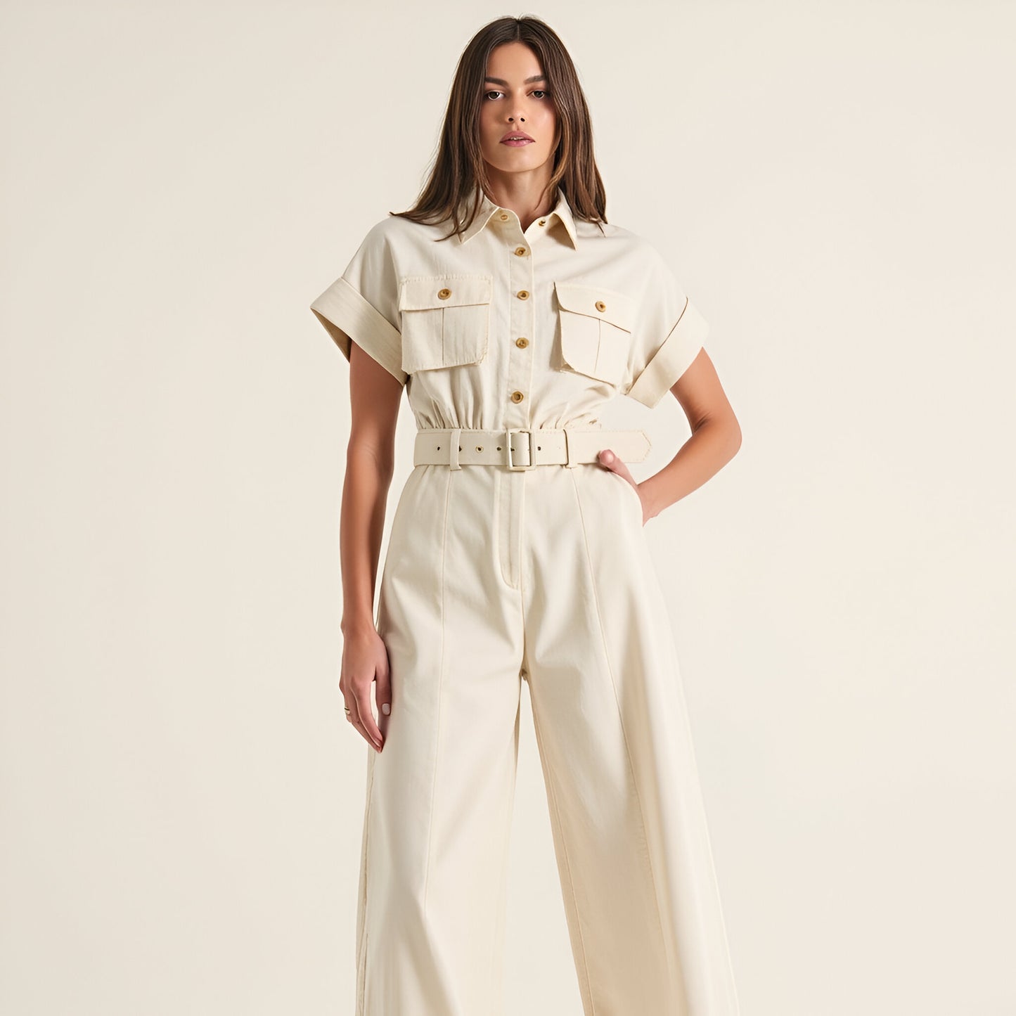 Cotton Blend Collared Jumpsuit with Side Patch Pockets and Removable Belt