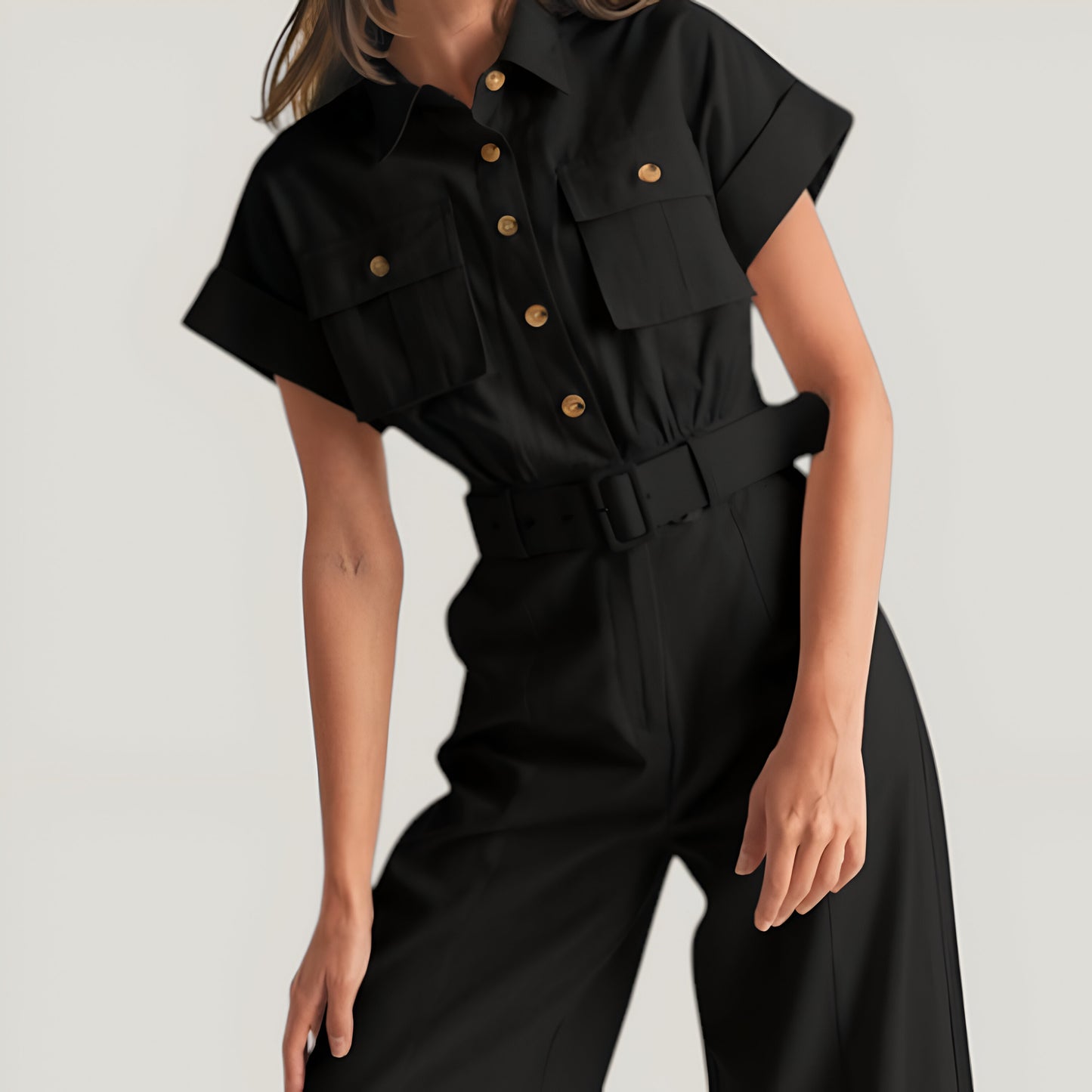 Cotton Blend Collared Jumpsuit with Side Patch Pockets and Removable Belt