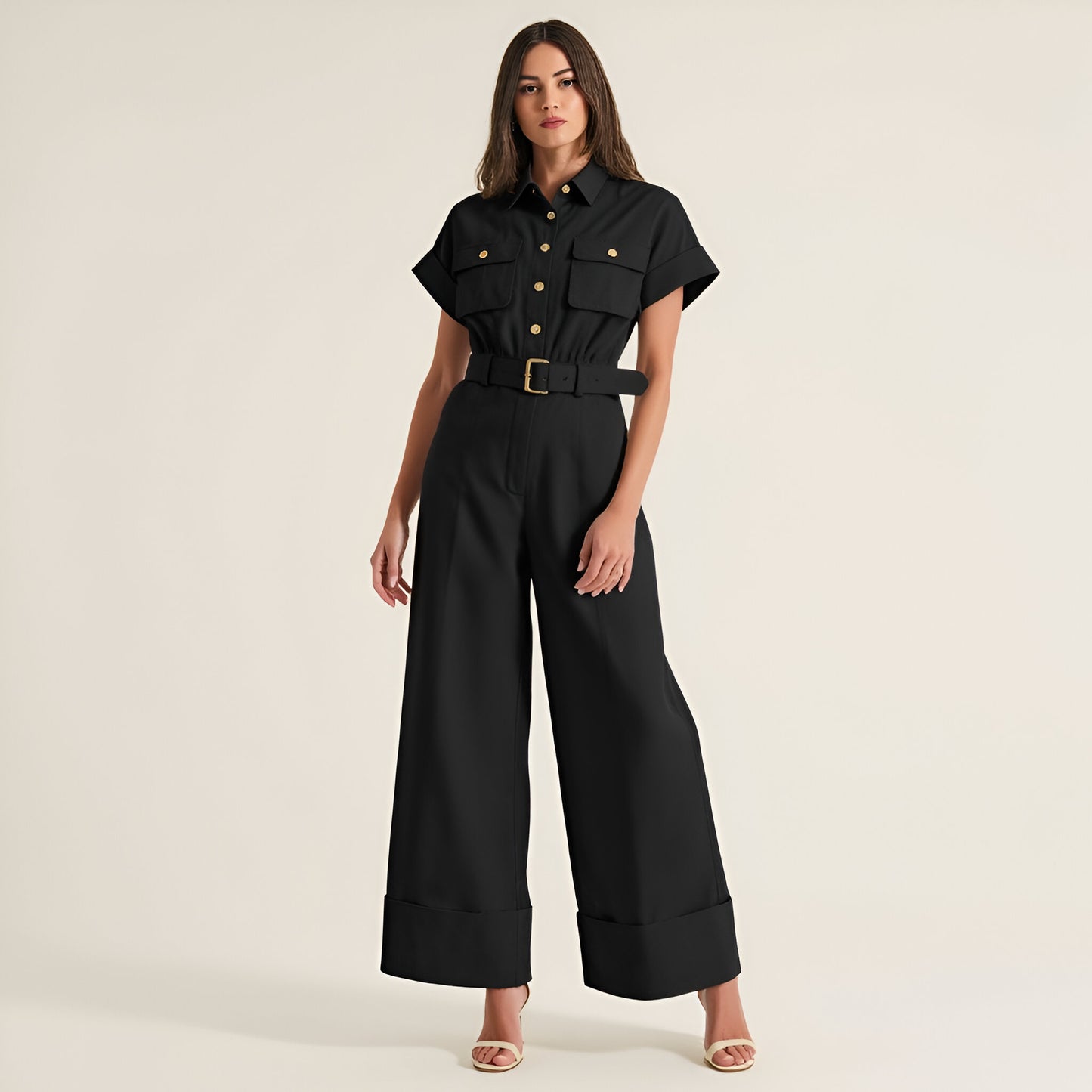 Cotton Blend Collared Jumpsuit with Side Patch Pockets and Removable Belt