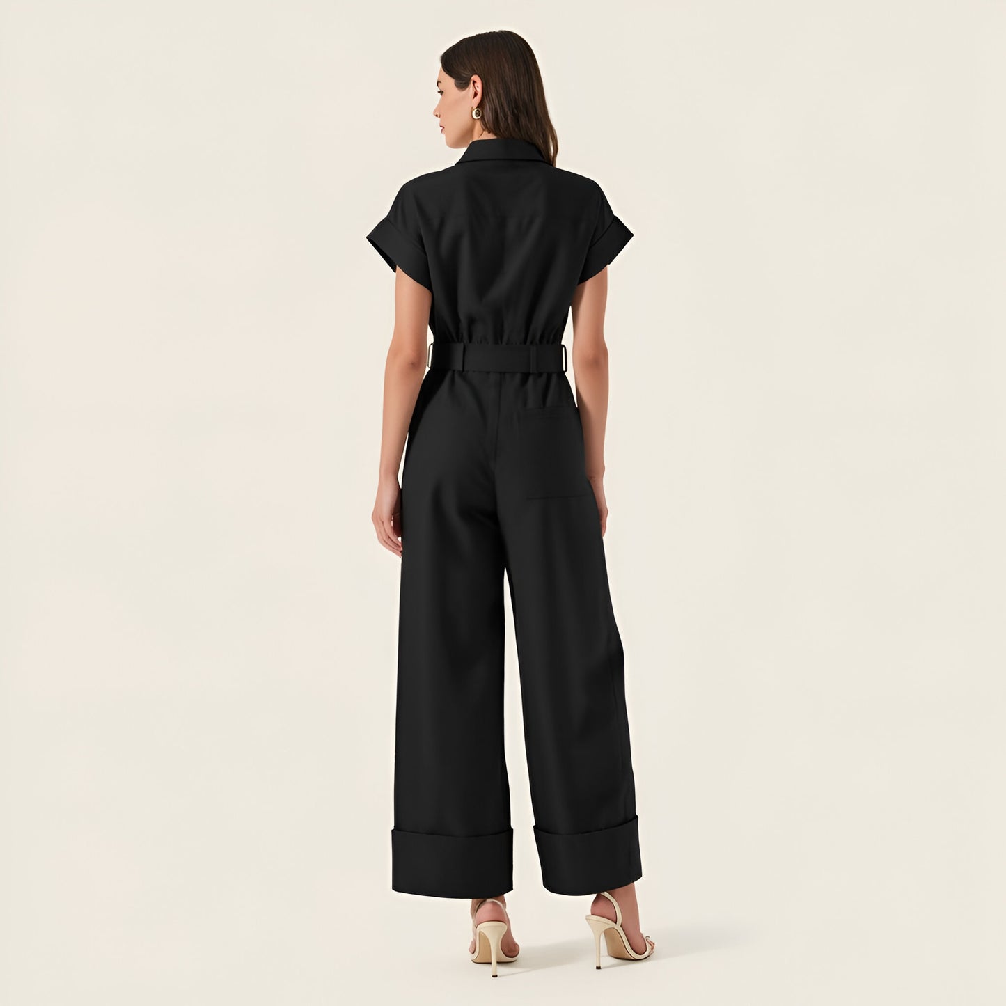 Cotton Blend Collared Jumpsuit with Side Patch Pockets and Removable Belt