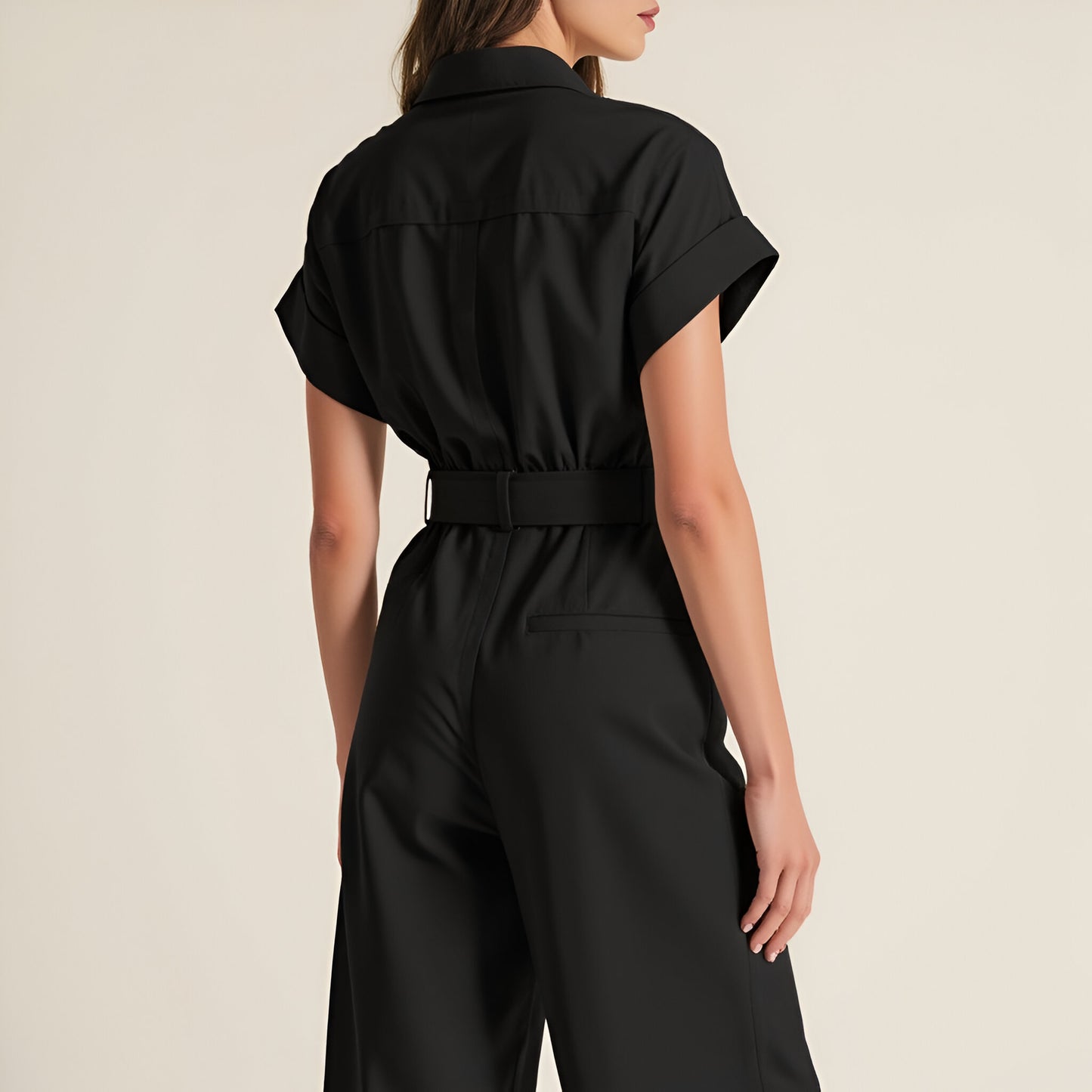 Cotton Blend Collared Jumpsuit with Side Patch Pockets and Removable Belt