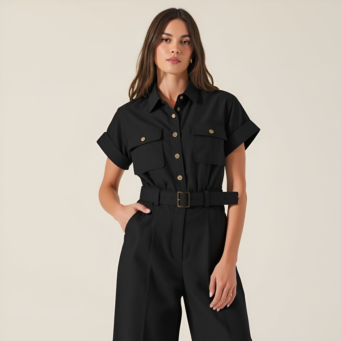 Cotton Blend Collared Jumpsuit with Side Patch Pockets and Removable Belt