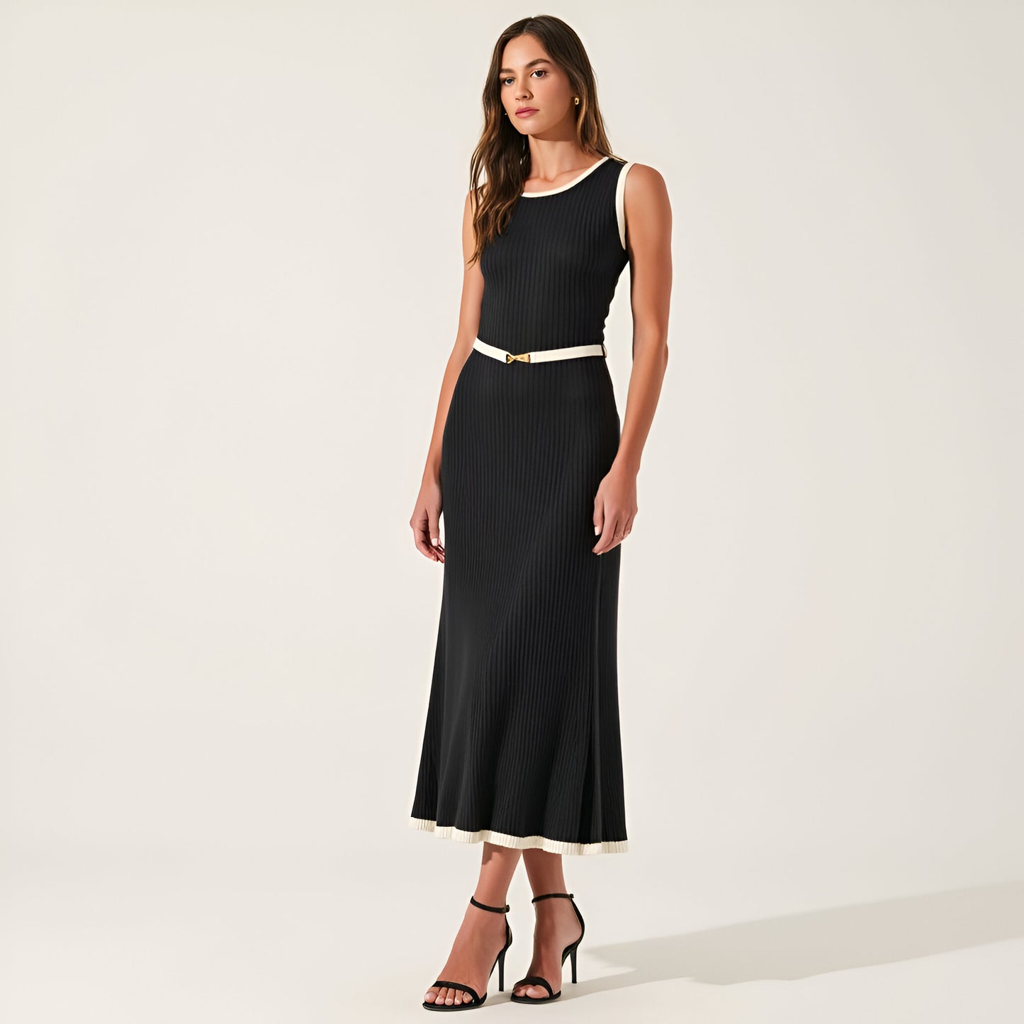 Sleeveless Ribbed Midi Dress with Contrast Trim and Waist Belt Detail