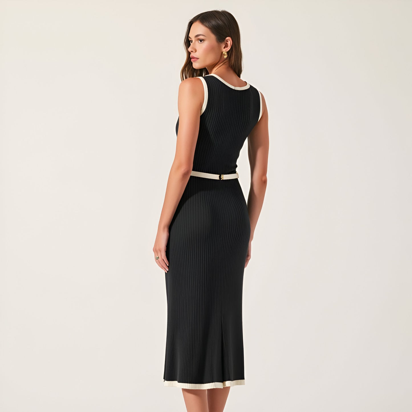 Sleeveless Ribbed Midi Dress with Contrast Trim and Waist Belt Detail