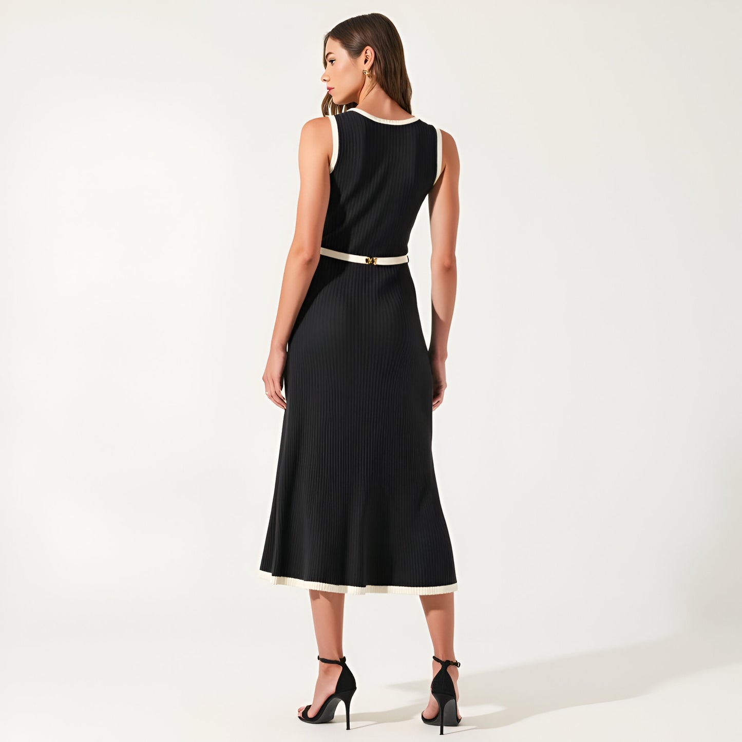 Sleeveless Ribbed Midi Dress with Contrast Trim and Waist Belt Detail