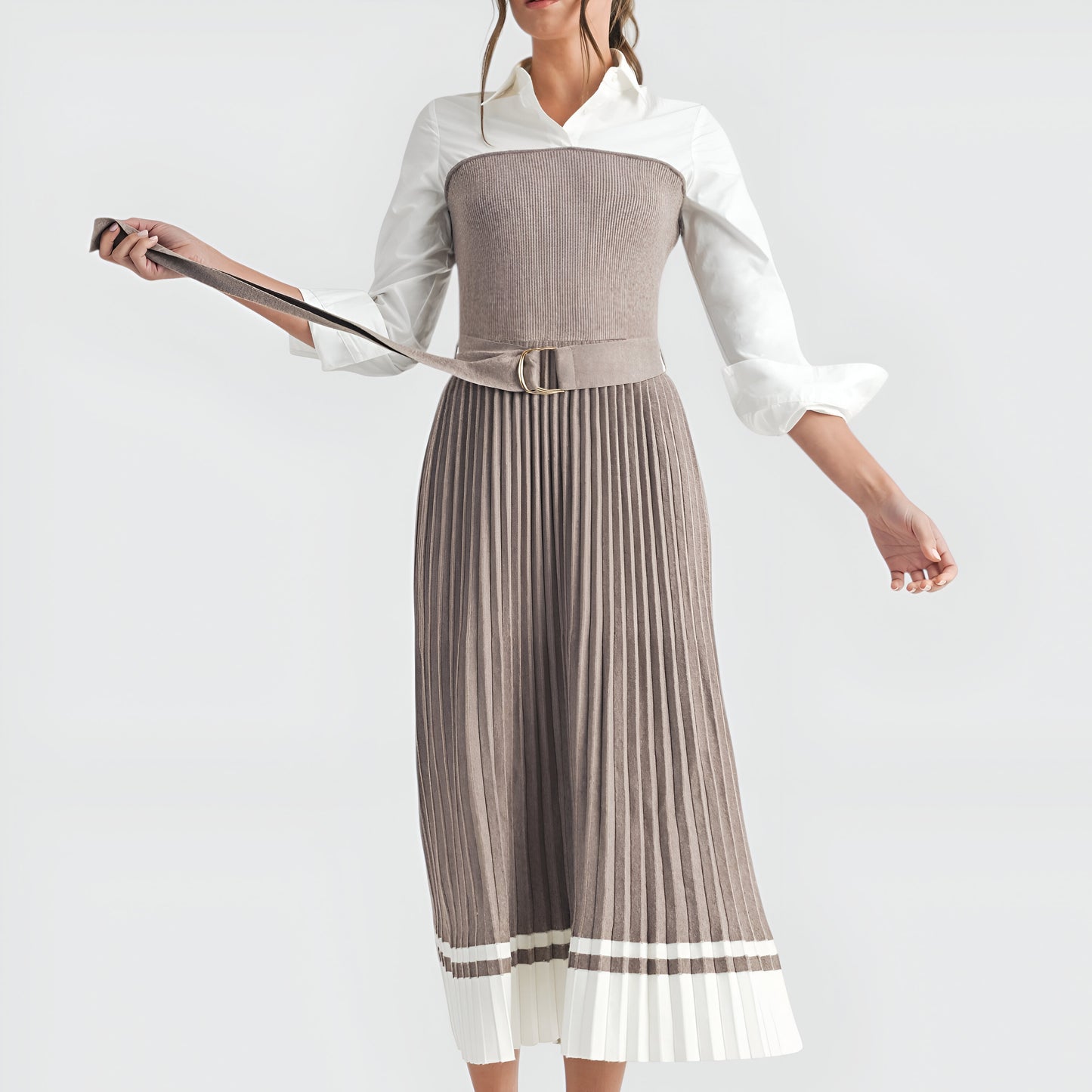 Pleated Midi Dress with Belted Waist, Shirt Collar and Contrast Hem