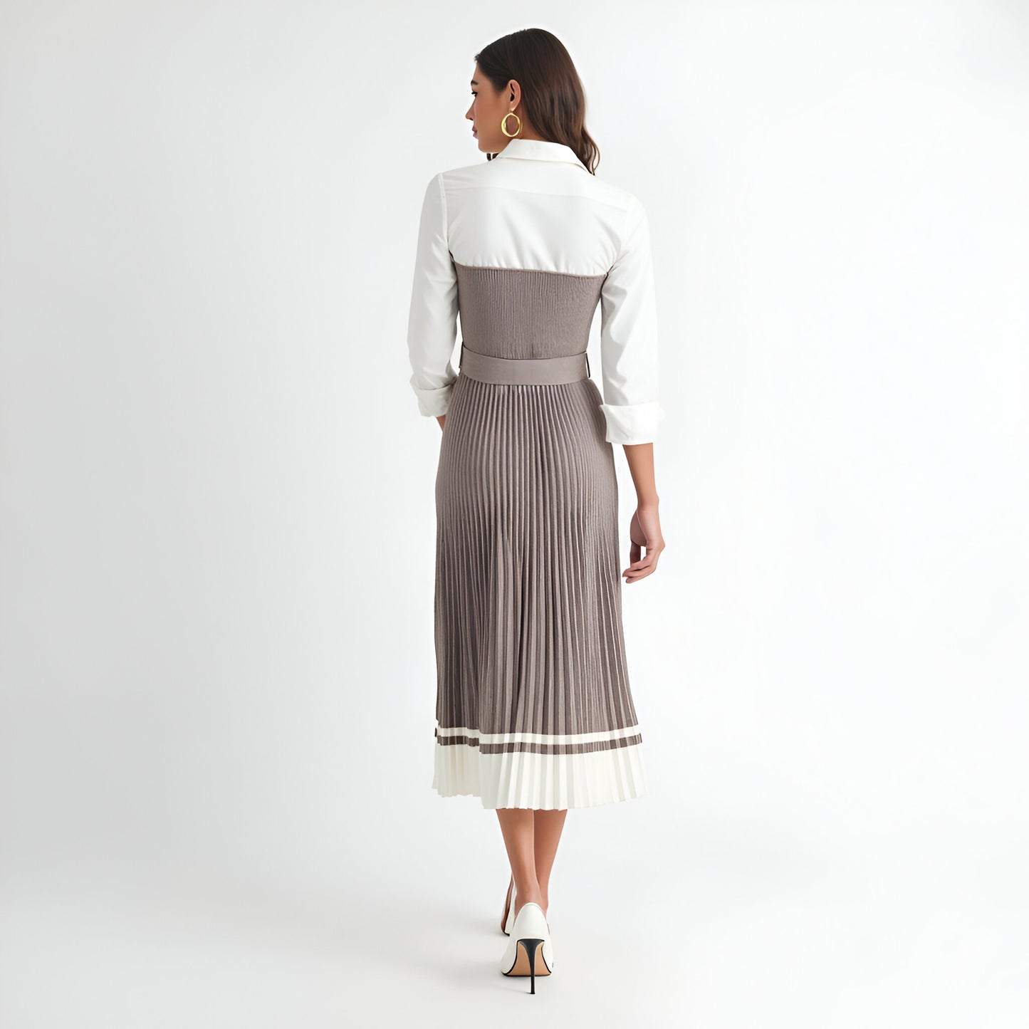 Pleated Midi Dress with Belted Waist, Shirt Collar and Contrast Hem