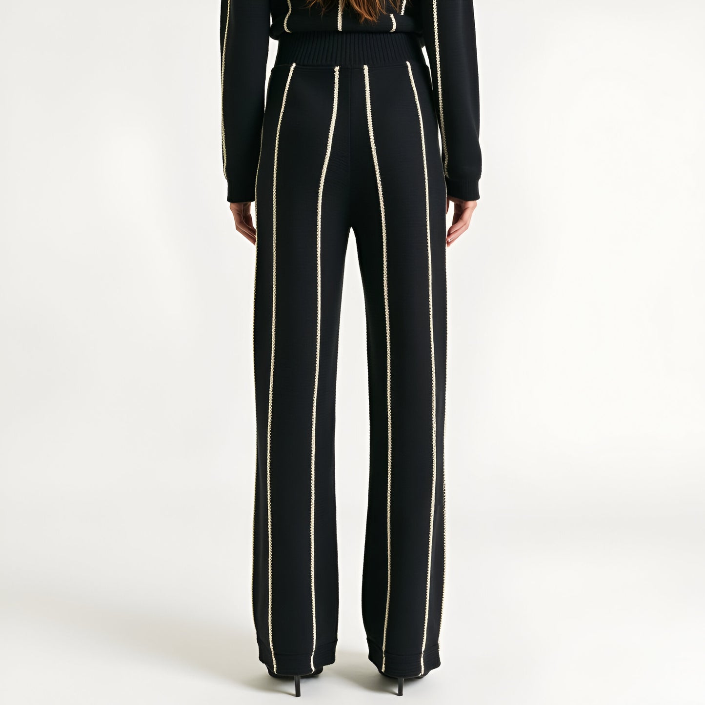 Wide Leg Knit Pants with Contrasting Vertical Stripe and Ribbed Waistband