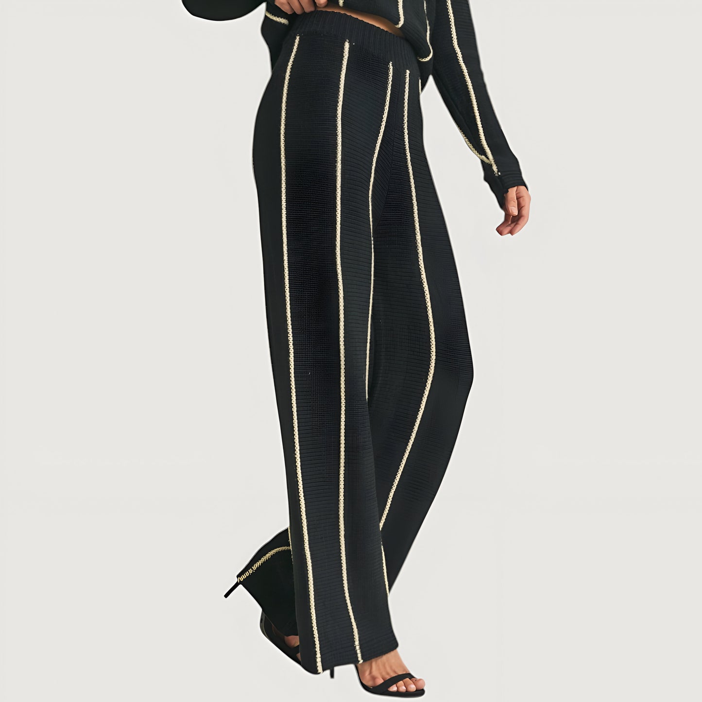Wide Leg Knit Pants with Contrasting Vertical Stripe and Ribbed Waistband