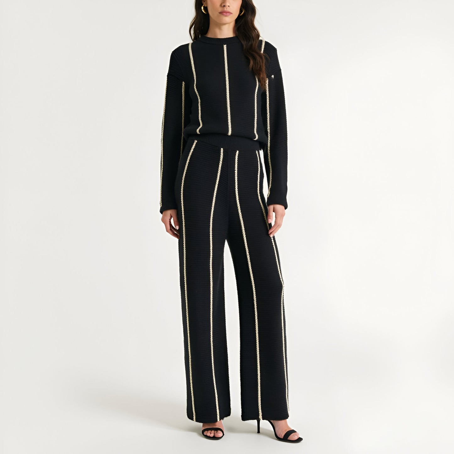 Wide Leg Knit Pants with Contrasting Vertical Stripe and Ribbed Waistband