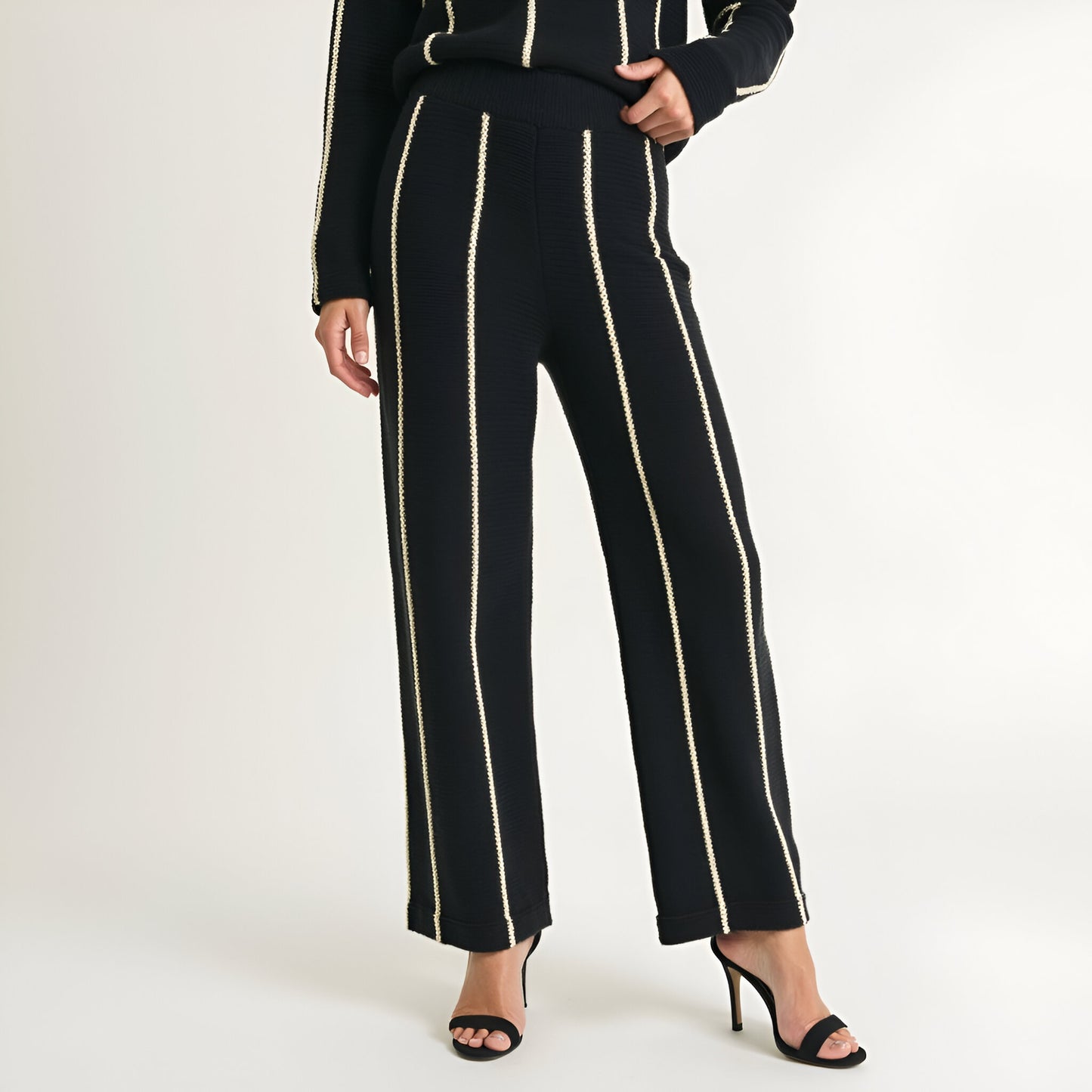 Wide Leg Knit Pants with Contrasting Vertical Stripe and Ribbed Waistband