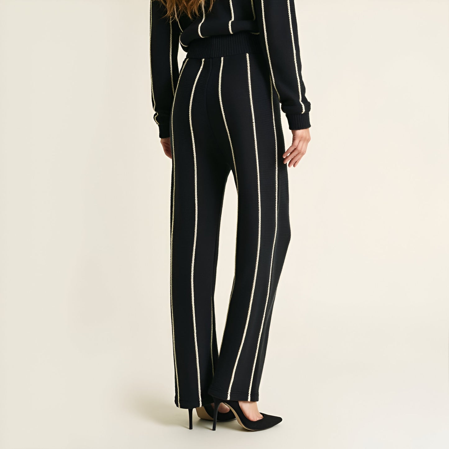 Wide Leg Knit Pants with Contrasting Vertical Stripe and Ribbed Waistband