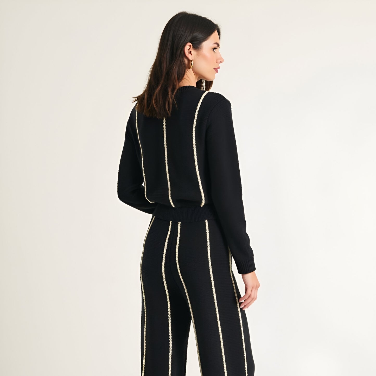 Wide Leg Knit Pants with Contrasting Vertical Stripe and Ribbed Waistband
