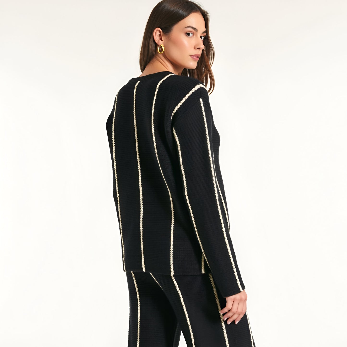 Vertical Stripe Long Sleeve Knit Pullover Sweater