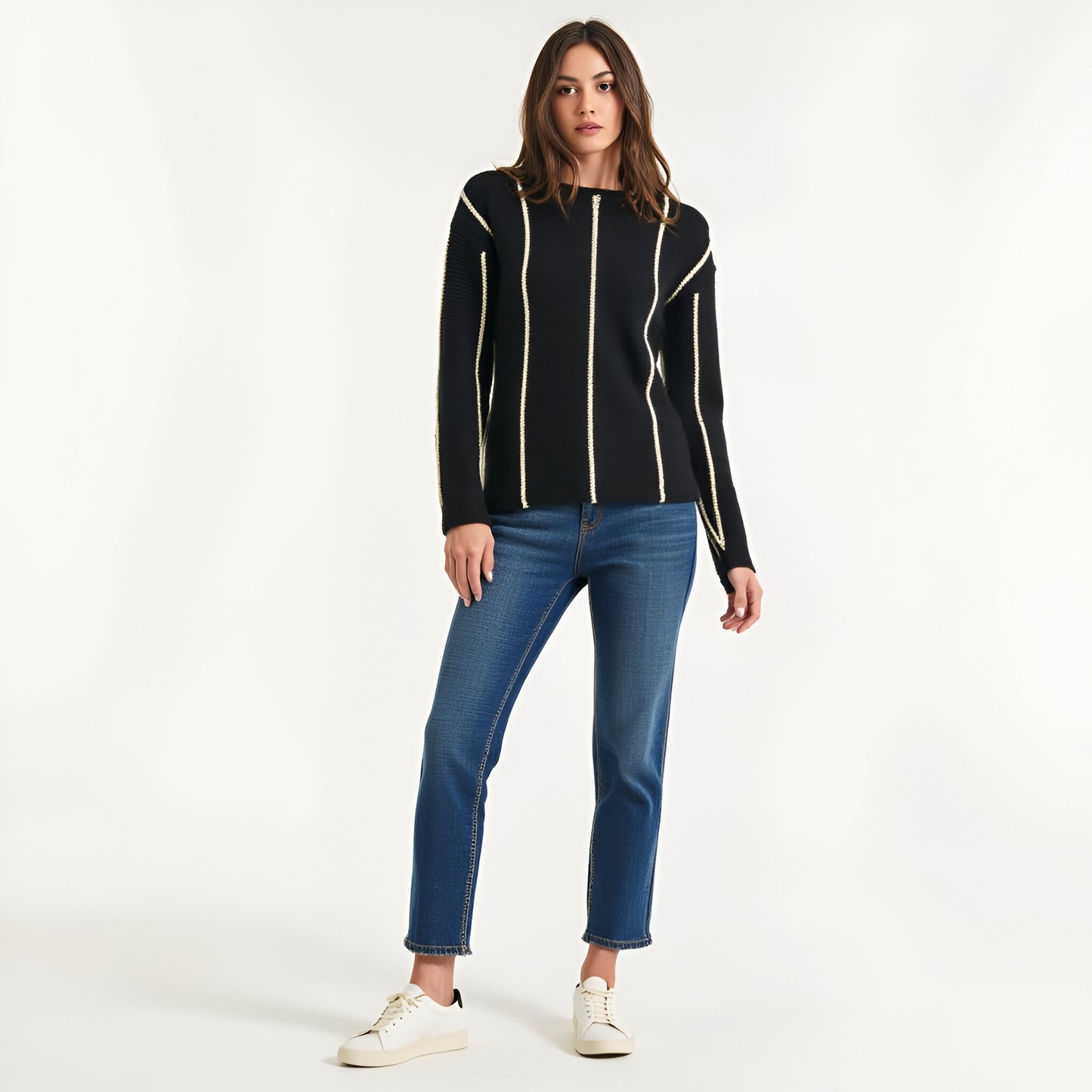 Vertical Stripe Long Sleeve Knit Pullover Sweater