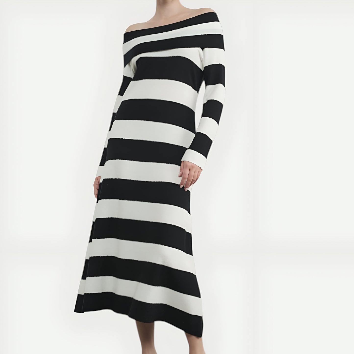 Off-Shoulder Long Sleeve Striped Midi Dress, Fitted Knit Silhouette