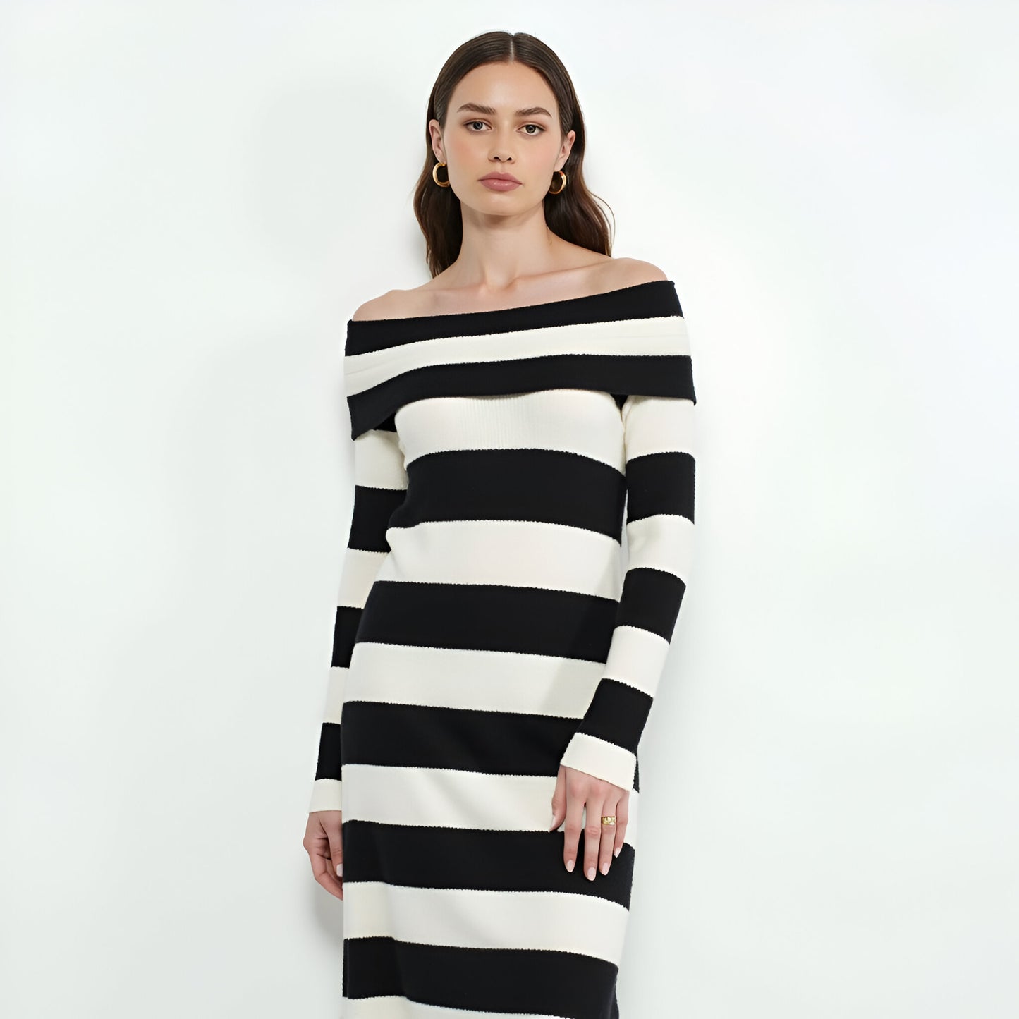 Off-Shoulder Long Sleeve Striped Midi Dress, Fitted Knit Silhouette