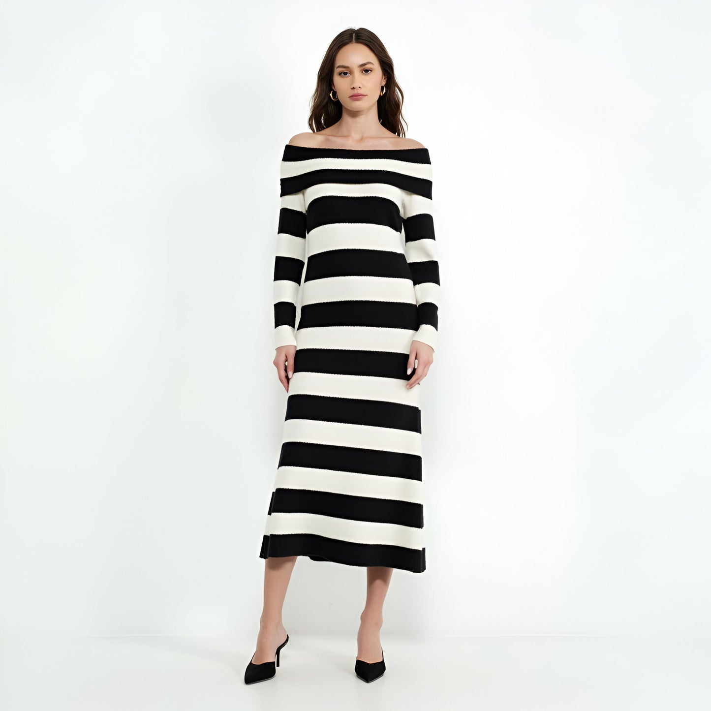 Off-Shoulder Long Sleeve Striped Midi Dress, Fitted Knit Silhouette