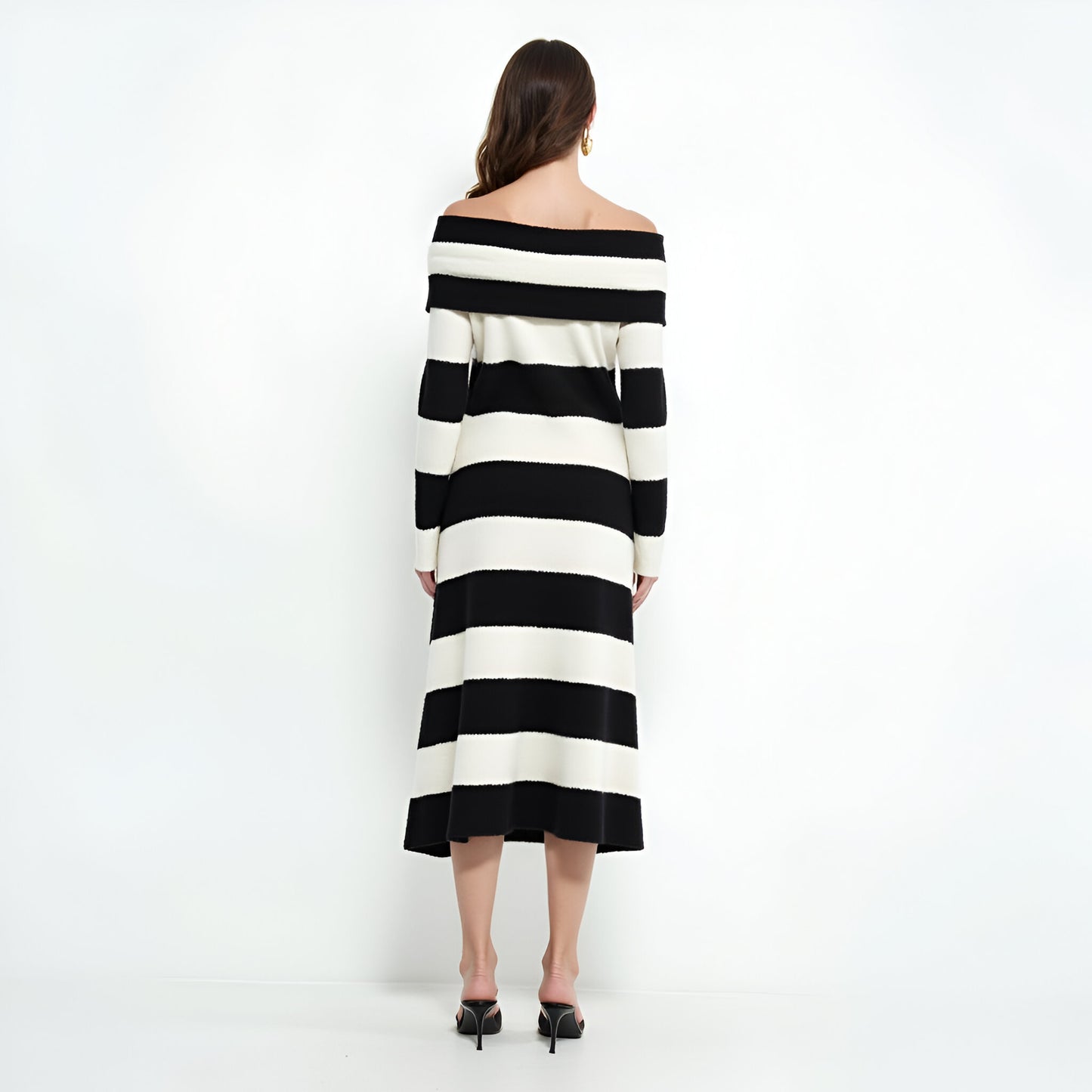 Off-Shoulder Long Sleeve Striped Midi Dress, Fitted Knit Silhouette