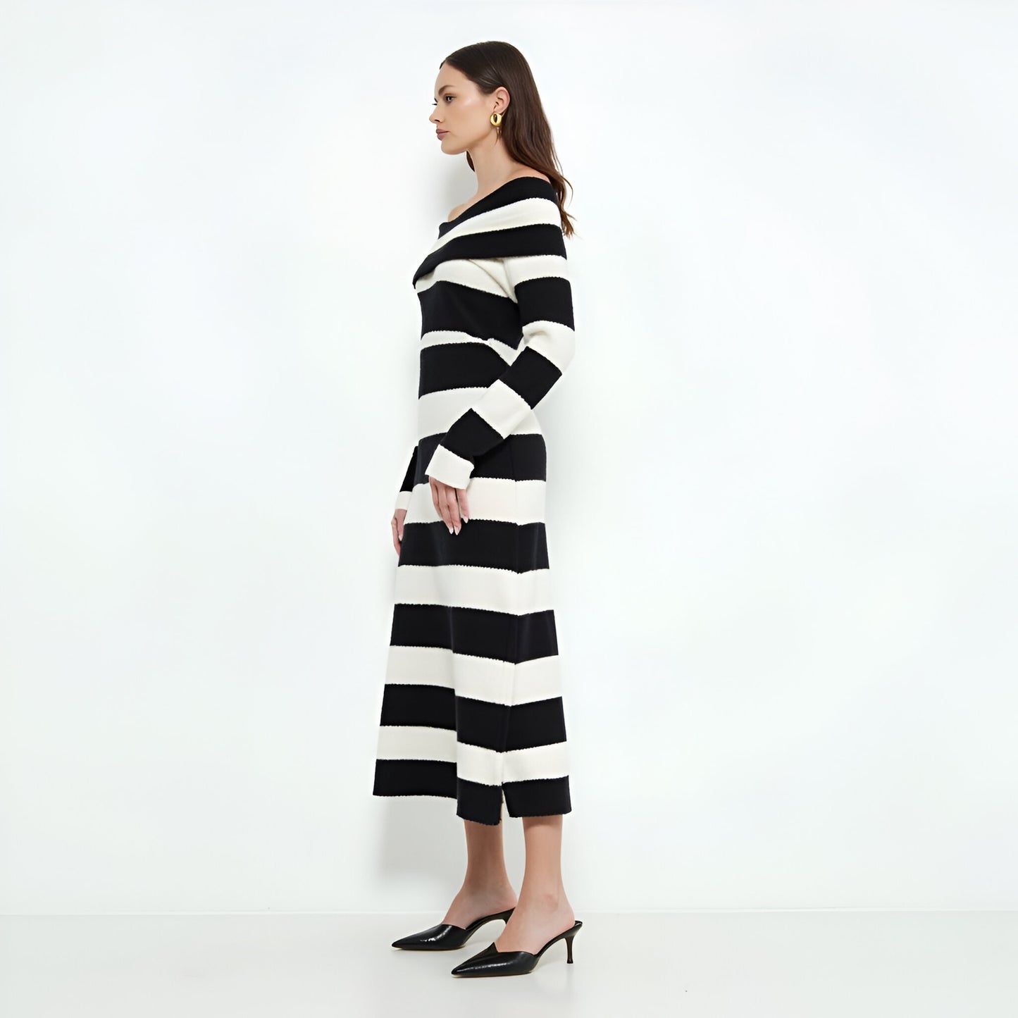 Off-Shoulder Long Sleeve Striped Midi Dress, Fitted Knit Silhouette