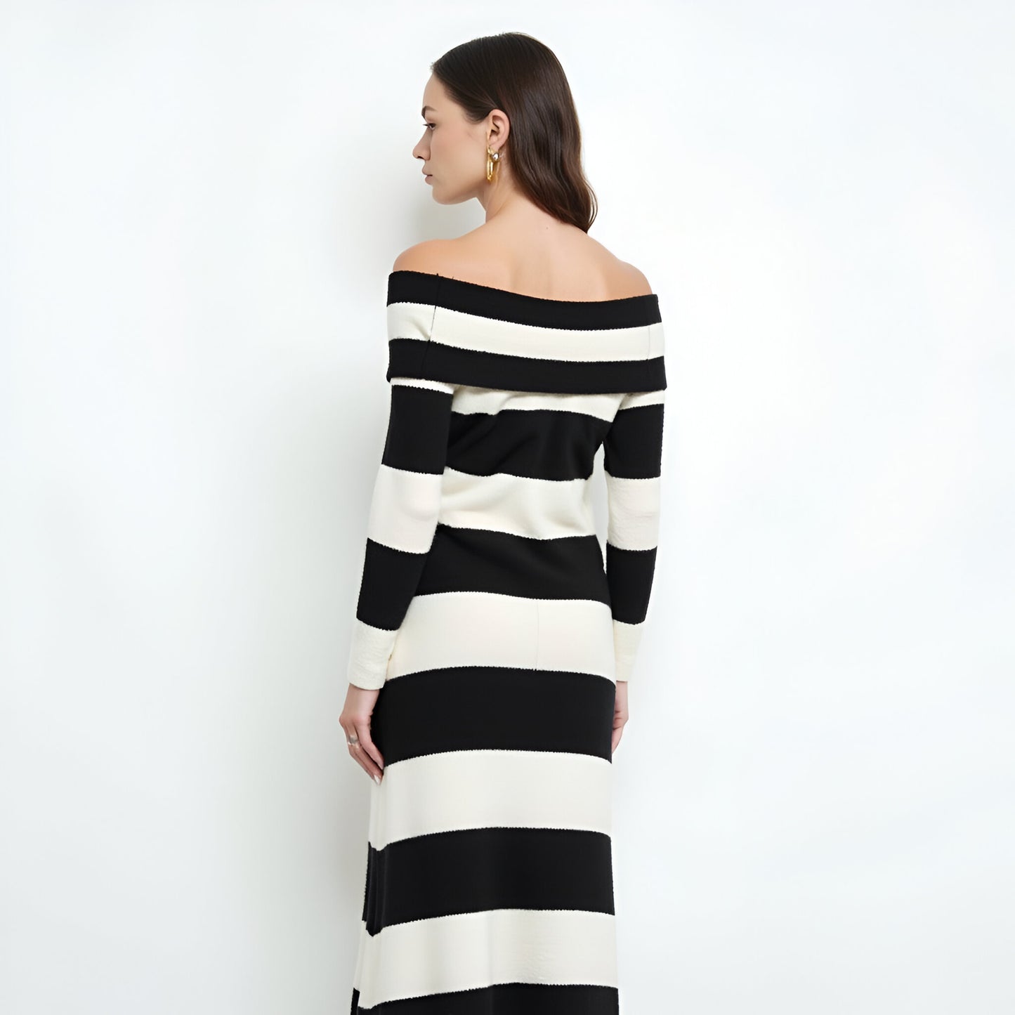 Off-Shoulder Long Sleeve Striped Midi Dress, Fitted Knit Silhouette