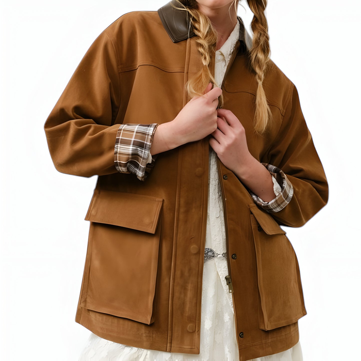 Long Utility Jacket with Plaid Lining, Buckle Cuffs and Flap Pockets