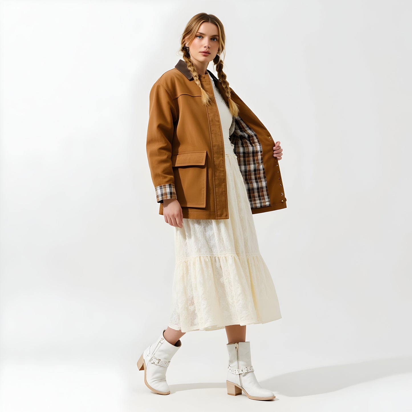 Long Utility Jacket with Plaid Lining, Buckle Cuffs and Flap Pockets