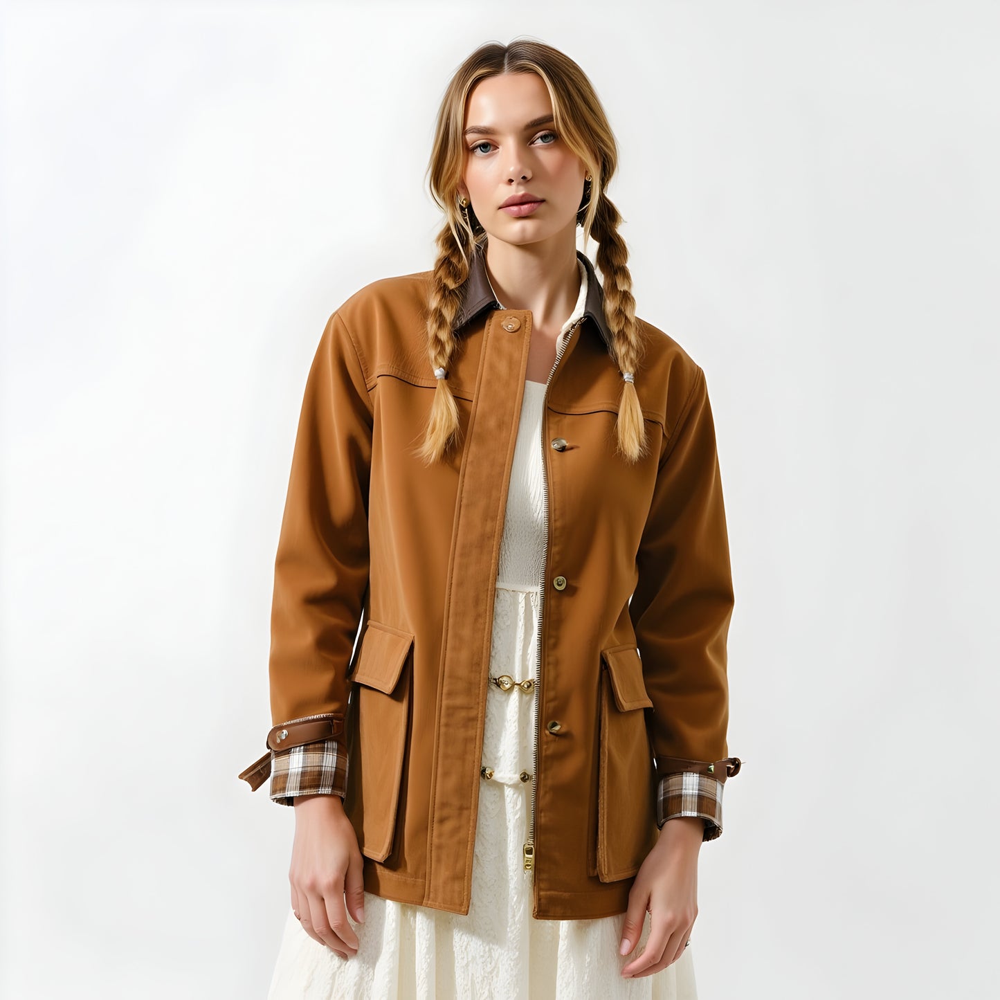 Long Utility Jacket with Plaid Lining, Buckle Cuffs and Flap Pockets