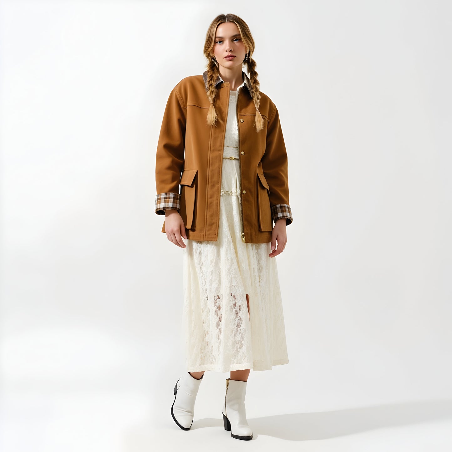 Long Utility Jacket with Plaid Lining, Buckle Cuffs and Flap Pockets