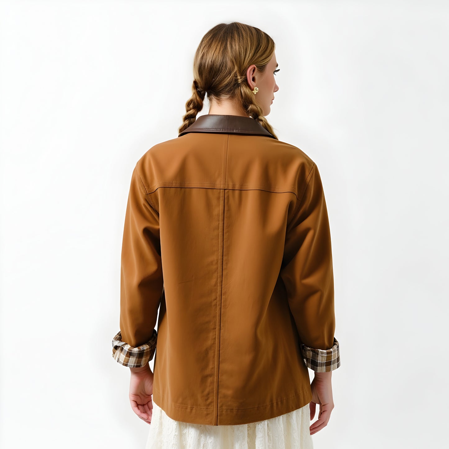 Long Utility Jacket with Plaid Lining, Buckle Cuffs and Flap Pockets