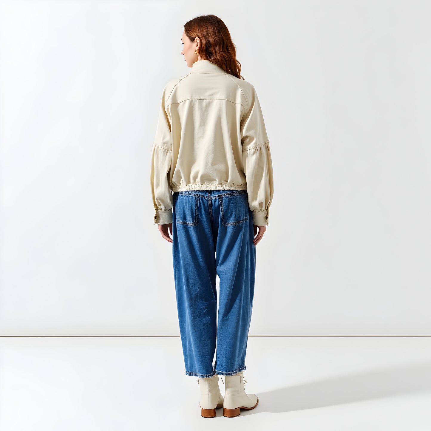 Button-Up Stand Collar Jacket with Flap Pockets and Balloon Sleeves