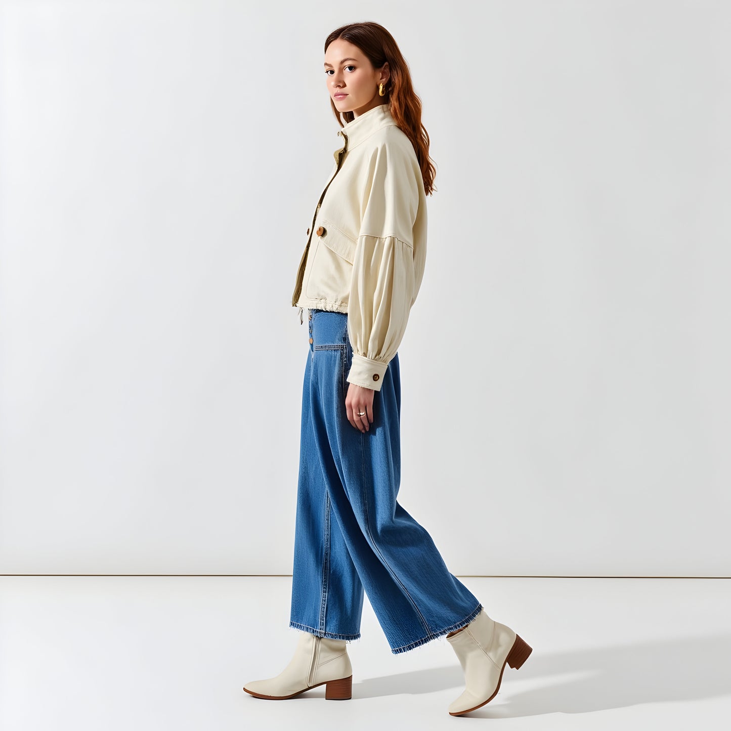 Button-Up Stand Collar Jacket with Flap Pockets and Balloon Sleeves