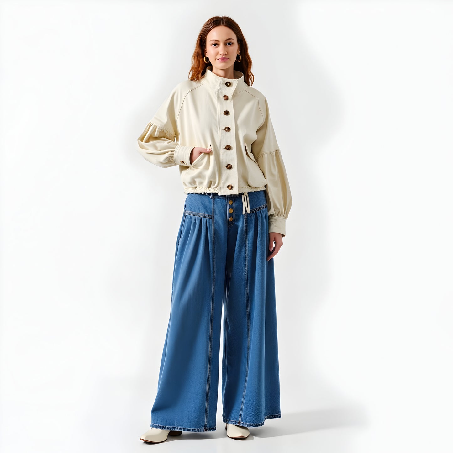 Button-Up Stand Collar Jacket with Flap Pockets and Balloon Sleeves