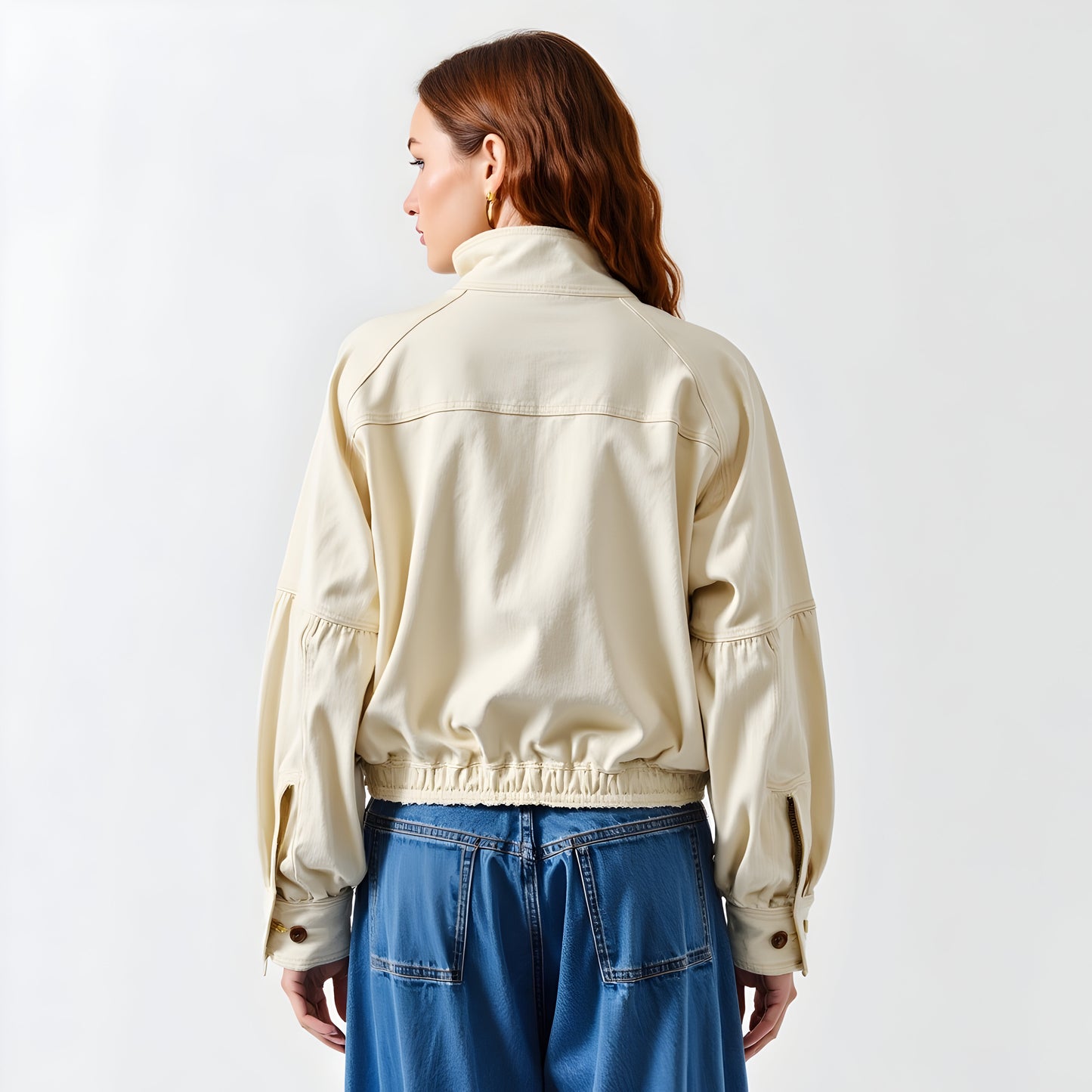 Button-Up Stand Collar Jacket with Flap Pockets and Balloon Sleeves