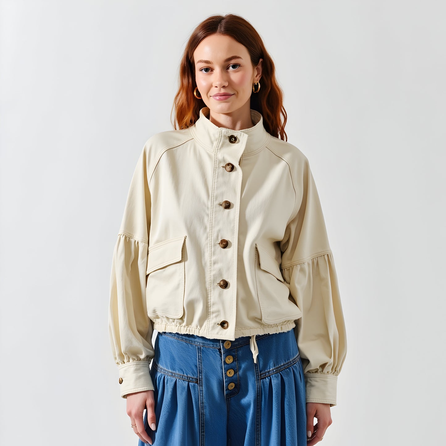 Button-Up Stand Collar Jacket with Flap Pockets and Balloon Sleeves