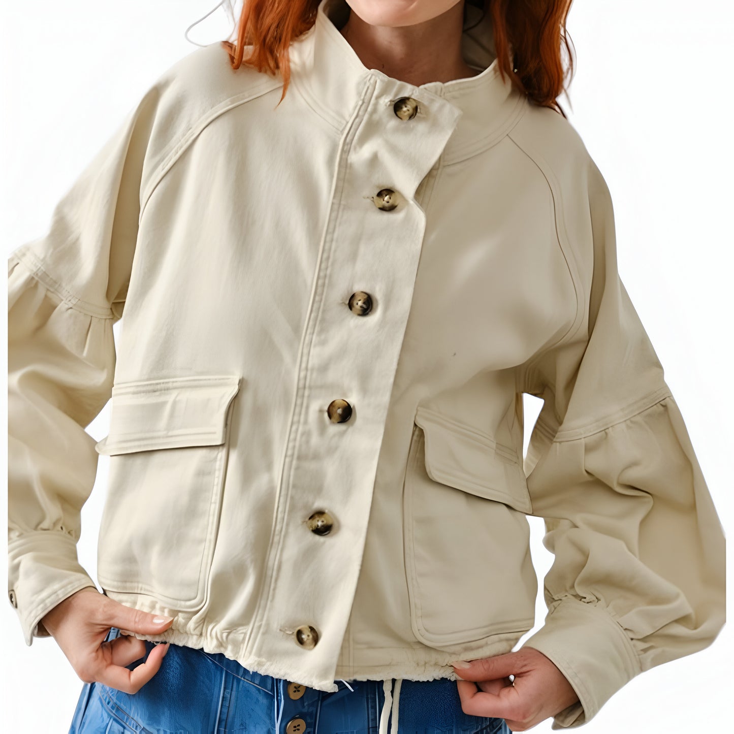 Button-Up Stand Collar Jacket with Flap Pockets and Balloon Sleeves