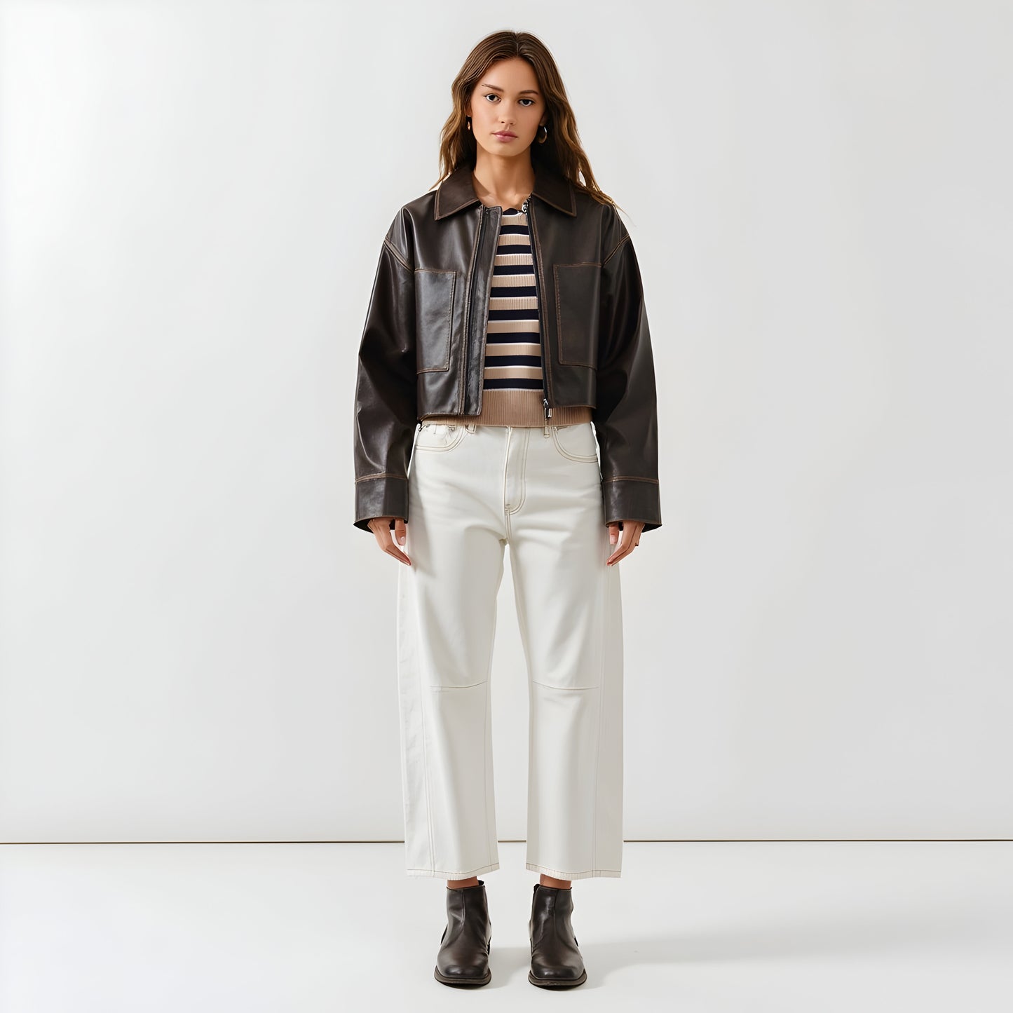 Faux Leather Zip Jacket with Spread Collar and Oversized Patch Pockets