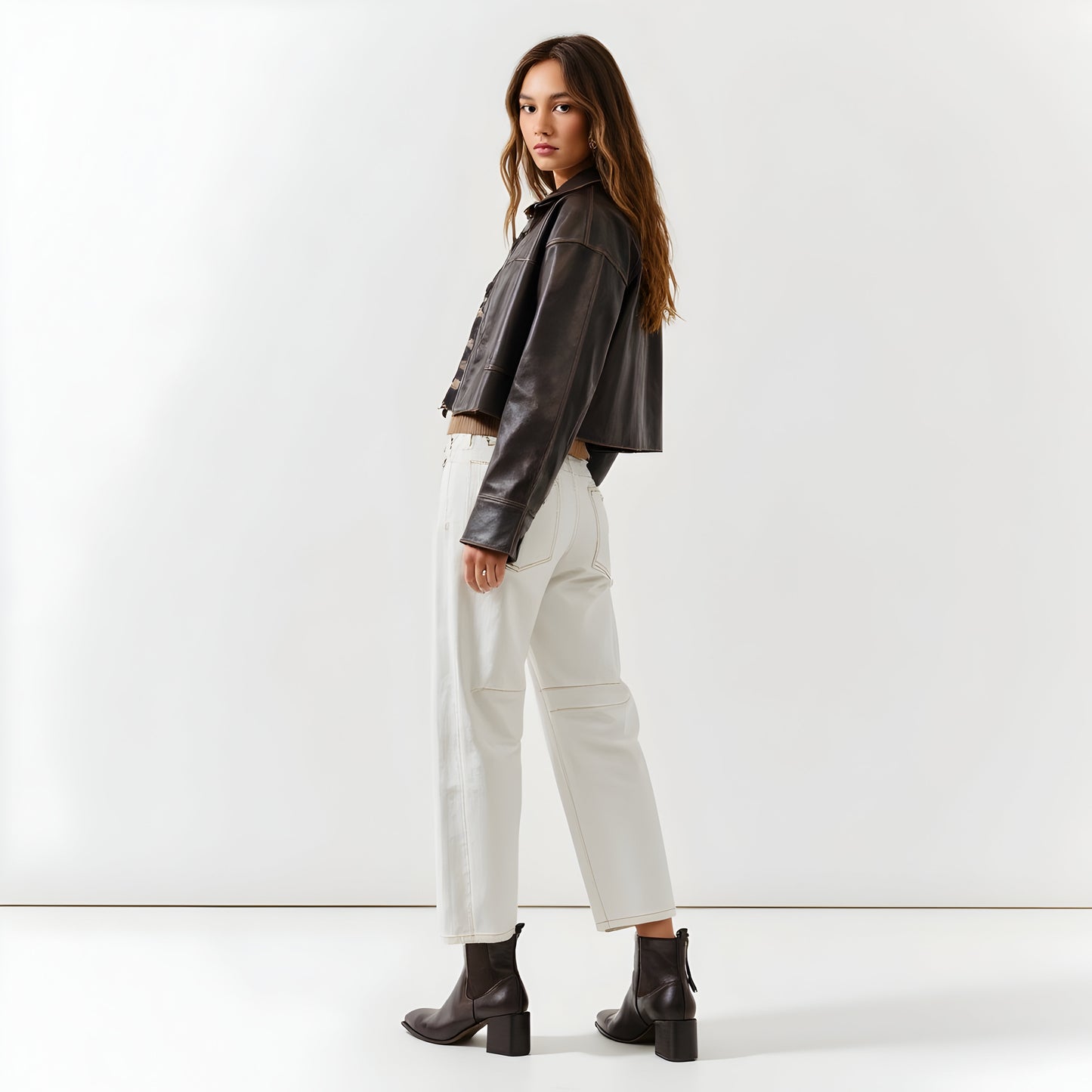 Faux Leather Zip Jacket with Spread Collar and Oversized Patch Pockets