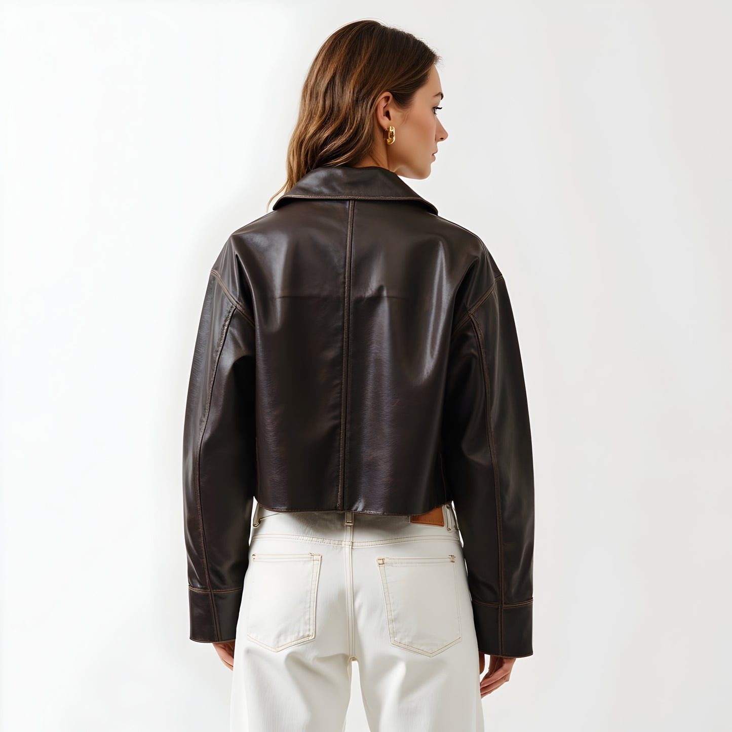 Faux Leather Zip Jacket with Spread Collar and Oversized Patch Pockets