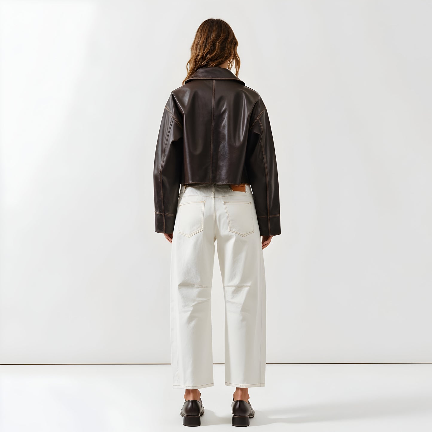 Faux Leather Zip Jacket with Spread Collar and Oversized Patch Pockets