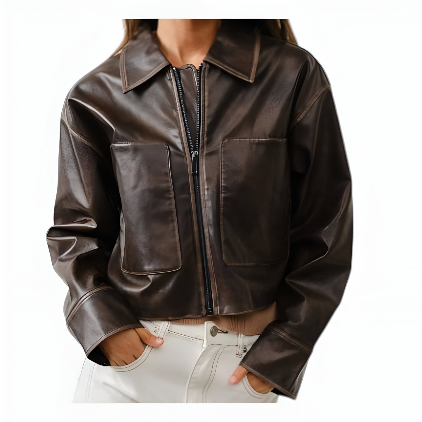 Faux Leather Zip Jacket with Spread Collar and Oversized Patch Pockets