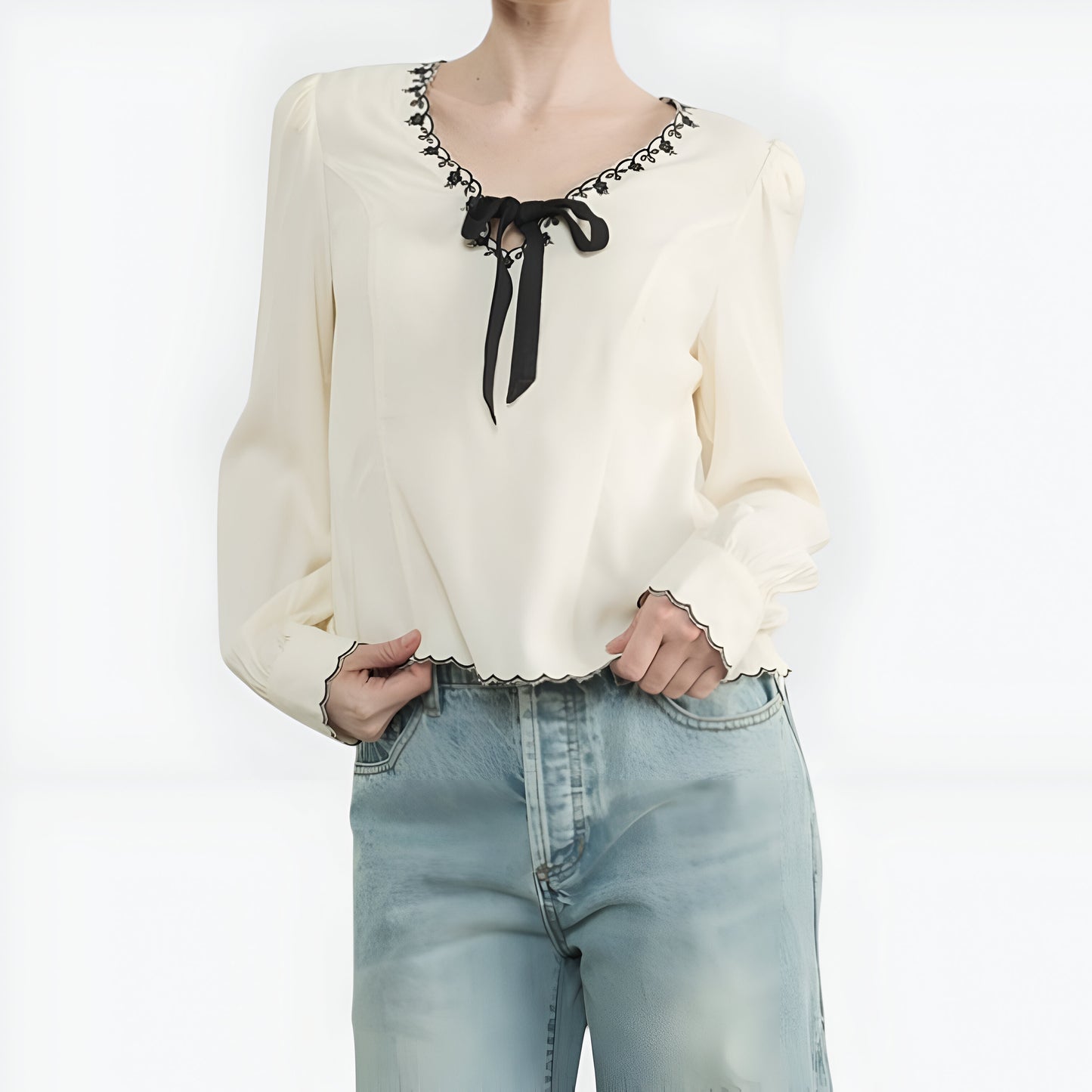 Embroidered Blouse with Velvet Bow and Scalloped Hem
