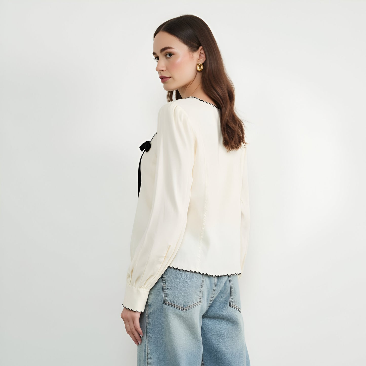 Embroidered Blouse with Velvet Bow and Scalloped Hem