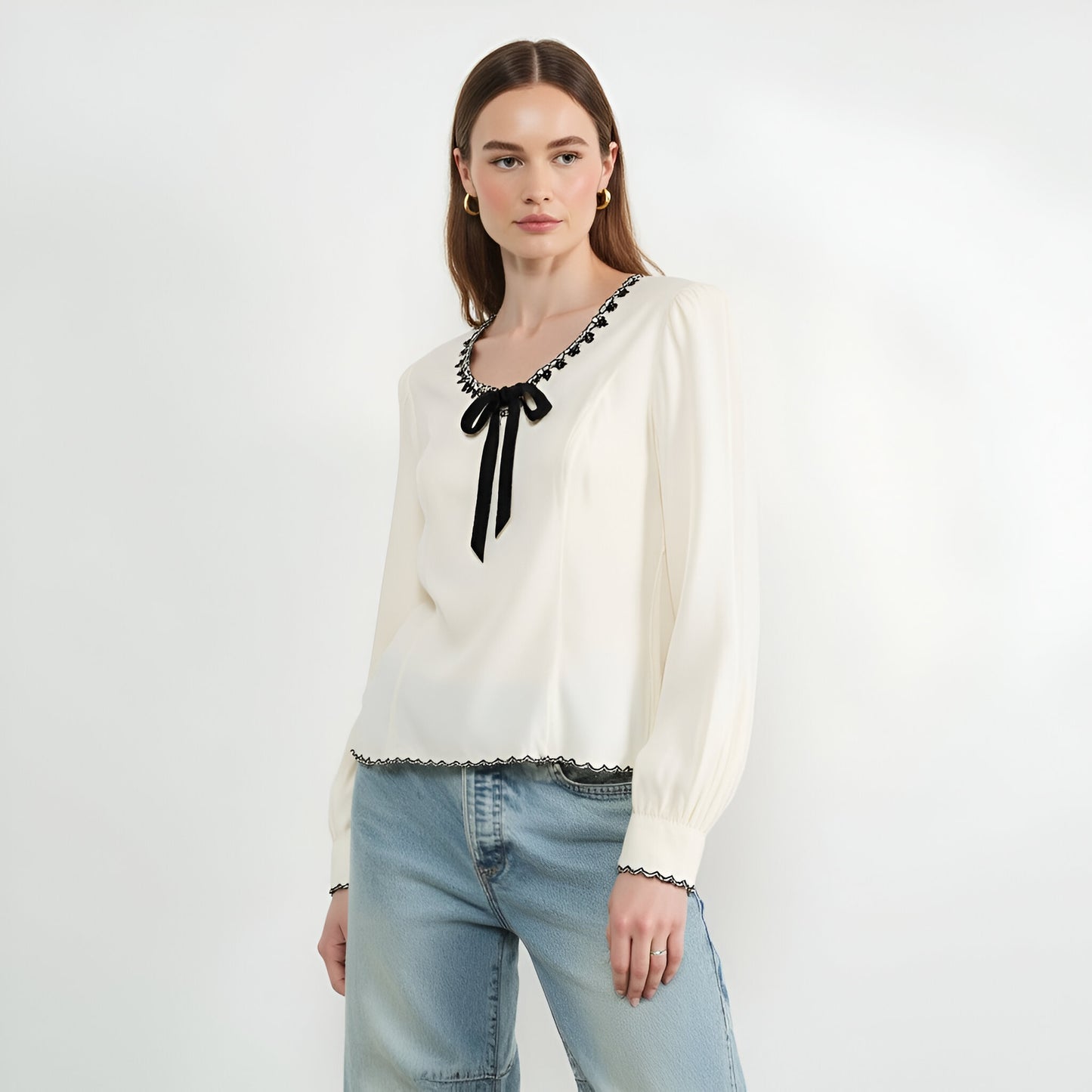 Embroidered Blouse with Velvet Bow and Scalloped Hem
