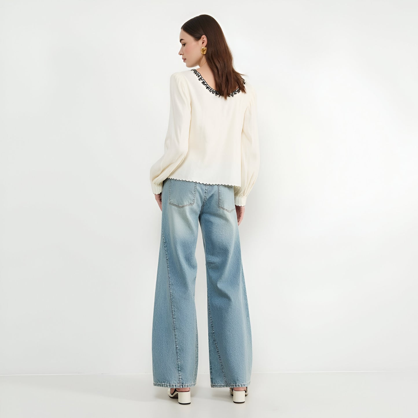 Embroidered Blouse with Velvet Bow and Scalloped Hem