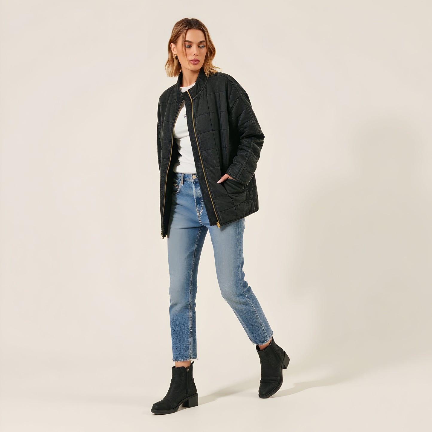 Quilted Zip-Up Jacket with Stand Collar and Square Stitch Detailing