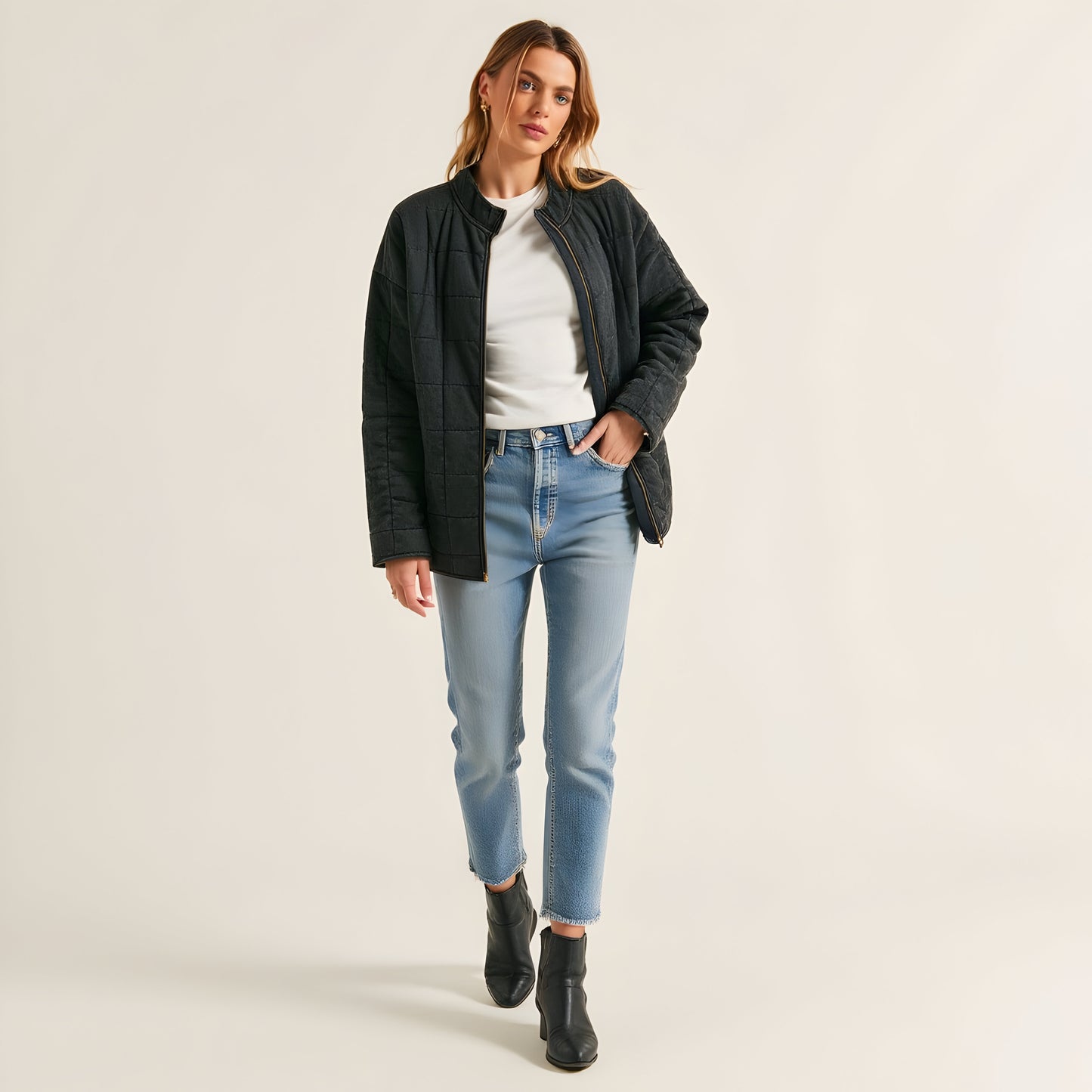 Quilted Zip-Up Jacket with Stand Collar and Square Stitch Detailing